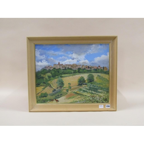 1266 - SIGNED J WOOD - TUSCAN HILL TOP TOWN, OIL OLN BOARD, FRAMED, 42CMX 51CM