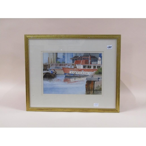 1267 - PETER LUSCOMBE - RIVER QUAYSIDE SETTING WITH BOATS, SIGNED WATERCOLOUR, F/G, 29CM X 38CM