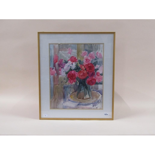 1271 - PATRICIA CLARKE - VASE OF RED AND PINK ROSES, SIGNED WATERCOLOUR, F/G, 48CM X 38CM