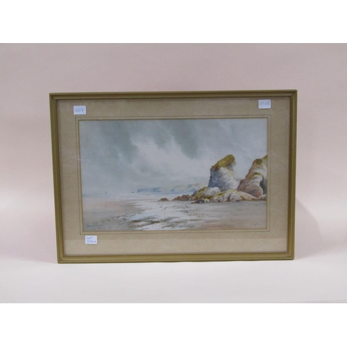 1274A - F LEYTON - BEDRUTHAN STEPS NR. NEWQUAY, SIGNED AND TITLED WATERCOLOUR, F/G, 29CM X 48CM