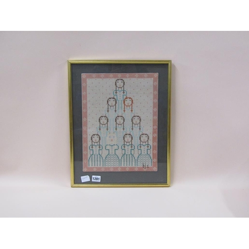 1281 - FRAMED CONTEMPOARY NEEDLEWORK - THE CRIER, F/G, 36CM X 47CM