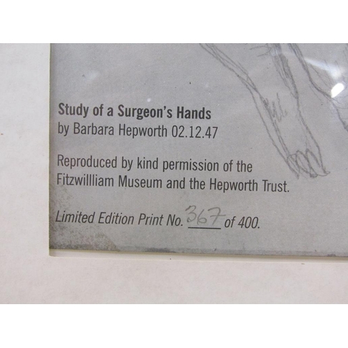 1293 - BARBARA HEPWORTH - STUDY OF A SURGEONS HANDS, LIMITED EDITION PRINT 367/400, F/G, 29CM X 39CM