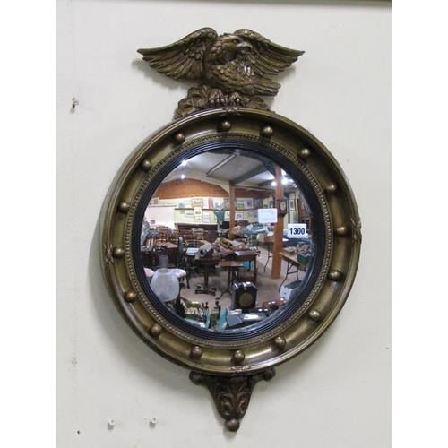 1300 - 19C CIRCULAR BEADED CONVEX WALL MIRROR WITH EAGLE MOUNT, 64CM X 42CM