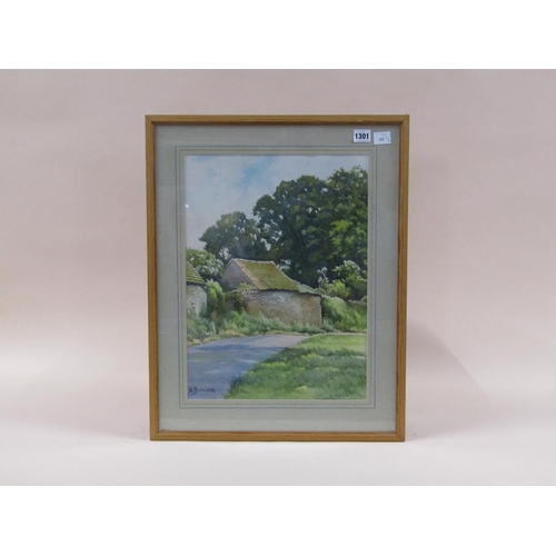 1301 - H BULLOCK - THE STONE BARN NEXT TO ROADWAY, SIGNED WATERCOLOUR, F/G, 45CM X 35CM