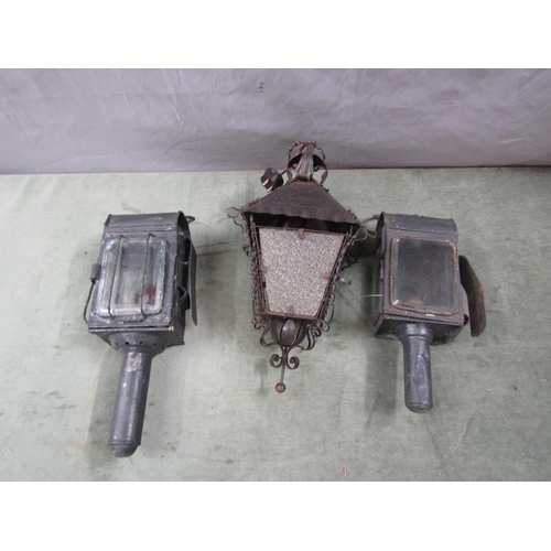 1423 - TWO COACH LAMPS; HALL LANTERN