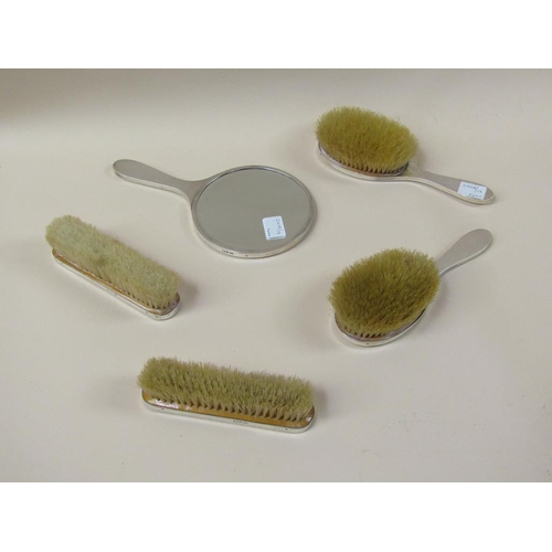 1529 - 5PC SILVER AND ENAMEL DRESSING TABLE SET, LONDON 1962 (A/F SLIGHT DAMAGE TO ENAMEL ON ONE BRUSH)