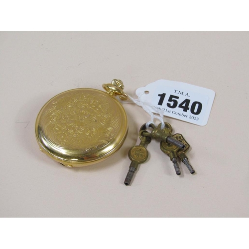 1540 - AERO WATCH, GILT METAL POCKET WATCH AND COLLECTION OF KEYS