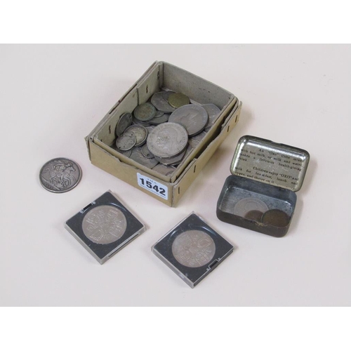 1542 - BOX OF MIXED COINS TO INC. VICTORIAN SILVER CROWN 1889