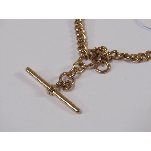 1609 - 9ct GOLD ALBERT CHAIN AND T BAR , HALLMARKED TO EACH LINK - TOTAL WEIGHT 44.3g