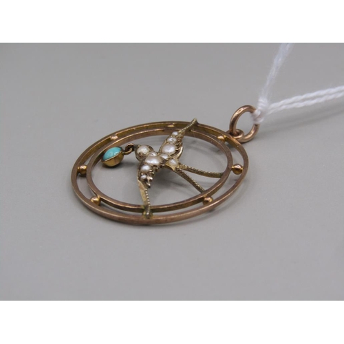 1622 - 9ct SEED PEARL AND TURQUOISE SWALLOW PENDANT