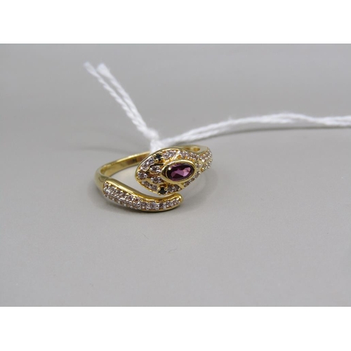 1657 - SILVER GILT GARNET SNAKE RING SIZE O