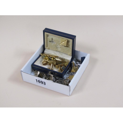 1693 - BOX OF MIXED CUFFLINKS, TIE CLIPS, RINGS, CHAINS ETC.