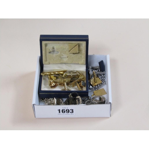 1693 - BOX OF MIXED CUFFLINKS, TIE CLIPS, RINGS, CHAINS ETC.