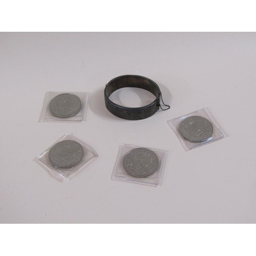 1694 - BOX OF FOUR COMMEMORATIVE COINS AND A SILVER BANGLE