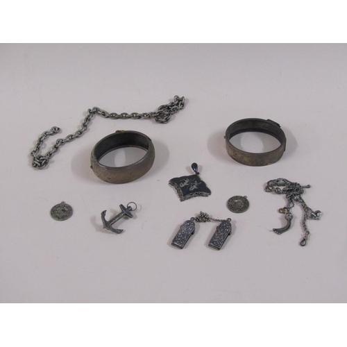 1702 - BOX OF MIXED SILVER TO INC. TWO BANGLES, CHAIN, BROOCHES, PENDANTS ETC