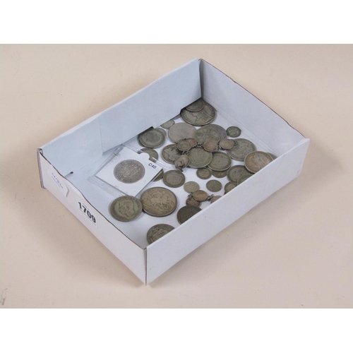 1709 - BOX OF MIXED COINS TO INC VICTORIAN SILVER