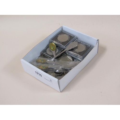 1715 - BOX OF COMMEMORATIVE COINS, MAINLY CHARLES AND DIA, PLUS COMMEMORATIVE SPOONS