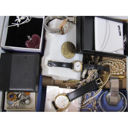 1717 - BOX OF MIXED WATCHES, COSTUME JEWELLERY, COINS, ETC