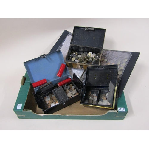 1724 - BOX OF MIXED COINAGE - ONE ALBUM AND THREE TINS