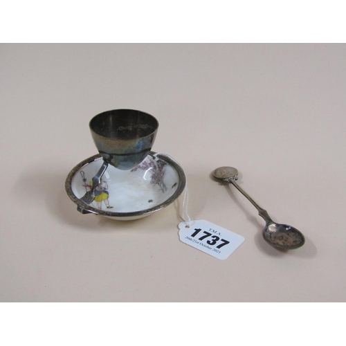 1737 - SILVER PLATED EGG CUP STAND AND SPOON ATTACHED TO A ROYAL DOULTON LITTLE BO PEEP PLATE