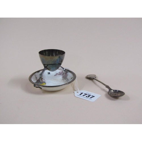 1737 - SILVER PLATED EGG CUP STAND AND SPOON ATTACHED TO A ROYAL DOULTON LITTLE BO PEEP PLATE