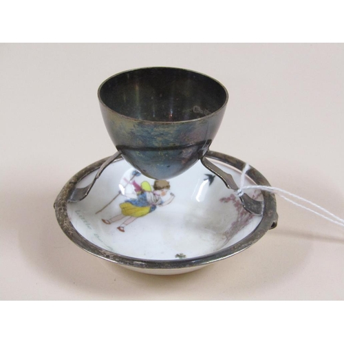 1737 - SILVER PLATED EGG CUP STAND AND SPOON ATTACHED TO A ROYAL DOULTON LITTLE BO PEEP PLATE