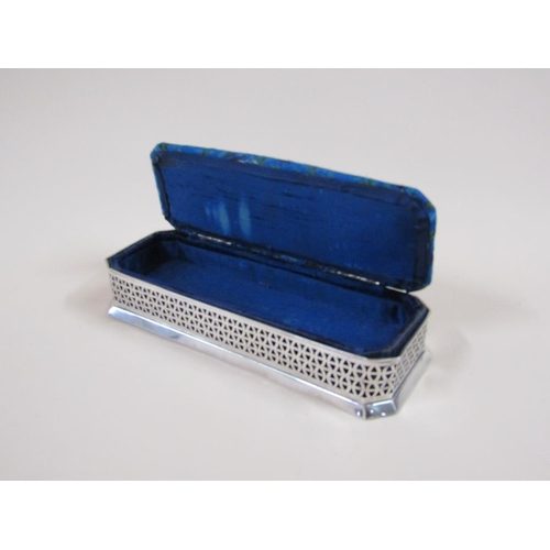 1752 - EDWARDIAN MATERIAL PIN BOX IN A SILVER MOUNTED FRAME, 2.7ozt