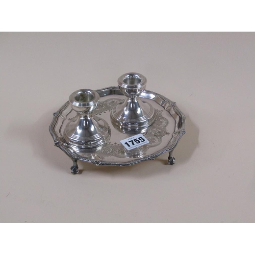 1755 - SMALL SILVER PLATED CARD TRAY AND A PAIR OF SILVER SQUAT CANDLESTICKS