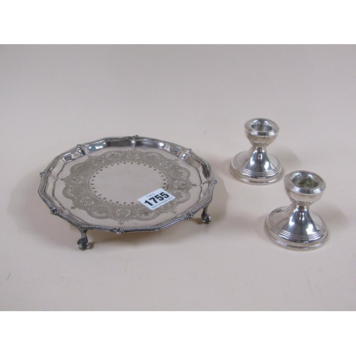 1755 - SMALL SILVER PLATED CARD TRAY AND A PAIR OF SILVER SQUAT CANDLESTICKS