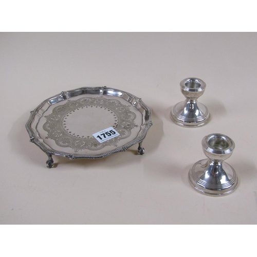 1755 - SMALL SILVER PLATED CARD TRAY AND A PAIR OF SILVER SQUAT CANDLESTICKS