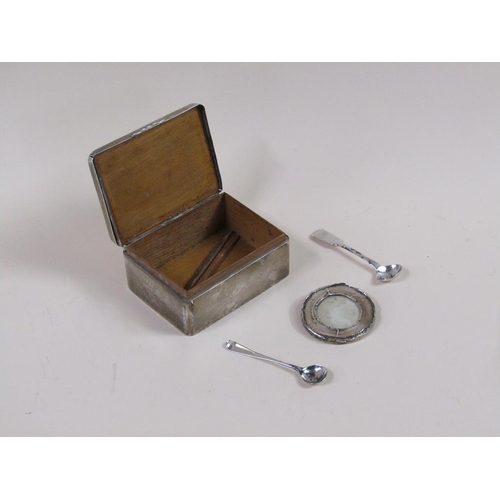 1757 - SILVER CIGARETTE BOX AND SILVER PHOTOFRAME, TWO SILVER SALT SPOONS