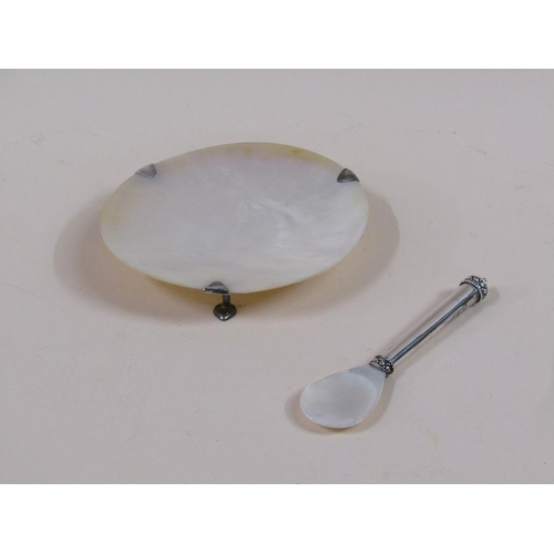 1760 - SILVER AND MOTHER OF PEARL DISH AND SPOON IN A FITTED BOX