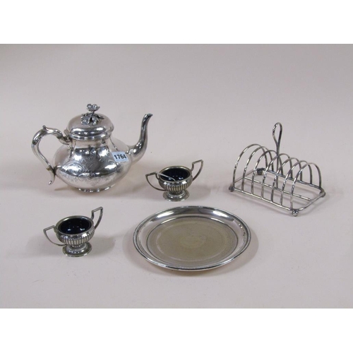 1764 - SILVER PLATED TEAPOT, TOAST RACK, SALVER AND TWO SALTS