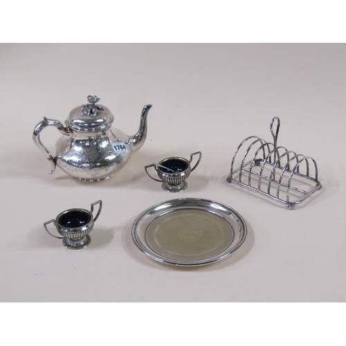 1764 - SILVER PLATED TEAPOT, TOAST RACK, SALVER AND TWO SALTS