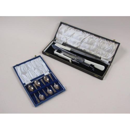 1765 - BOX OF SIX SILVER PLATED SPOONS AND A BOXED CARVING SET