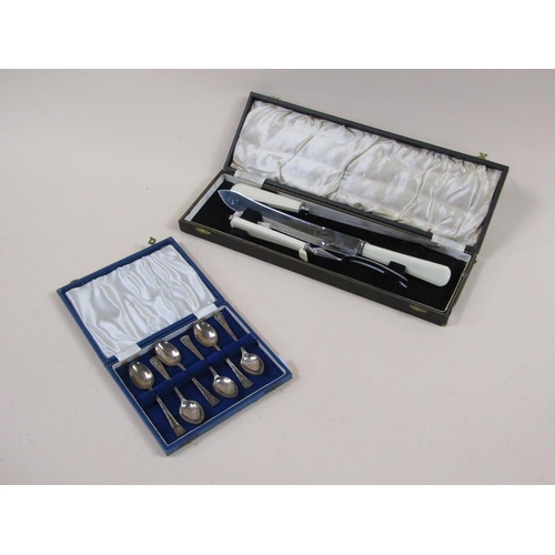 1765 - BOX OF SIX SILVER PLATED SPOONS AND A BOXED CARVING SET