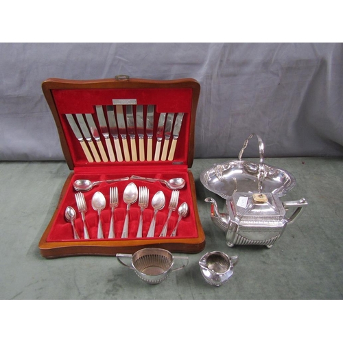 1785 - SILVER PLATED TEAPOT, DISH ETC. AND A CANTEEN OF CUTLERY