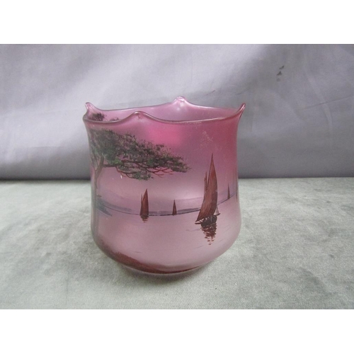 1800 - FRENCH AMETHYST ART GLASS VASE, HAND PAINTED WITH LAKE SCENES, SIGNED MICHEL, 13CM H