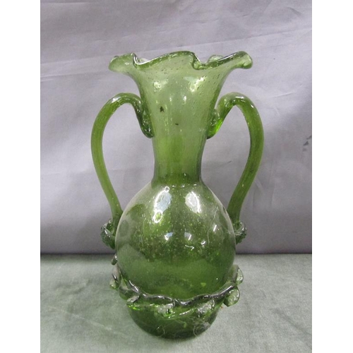 1826A - GREEN ART GLASS TWO HANDLED VASE, 22CM H