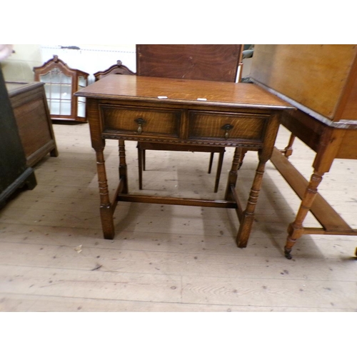 1960 - OAK 2 DRAWER SIDE TABLE ON RING TURNED LEGS, 84 x 76 cms