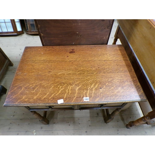 1960 - OAK 2 DRAWER SIDE TABLE ON RING TURNED LEGS, 84 x 76 cms