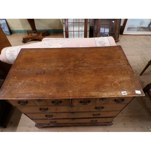 1962 - LATE GEORGIAN WALNUT VENEERED CHEST OF 2 SHORT 3 LONG DRAWERS ON BRACKET FEET 96 x 86 cms