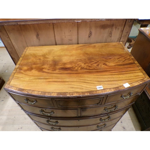 1965 - MAHOGANY CROSS BANDED BOW FRONT CHEST OF TWO SHORT/FOUR LONG DRAWERS ON SPLAYED BRACKET FEET 84 x 10... 