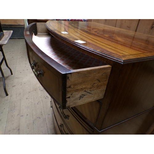 1965 - MAHOGANY CROSS BANDED BOW FRONT CHEST OF TWO SHORT/FOUR LONG DRAWERS ON SPLAYED BRACKET FEET 84 x 10... 