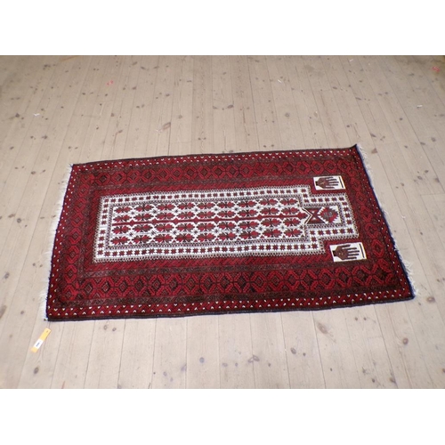 1966 - ORIENTAL RED GROUND STAR PATTERNED RUG, 93cm x 174cm