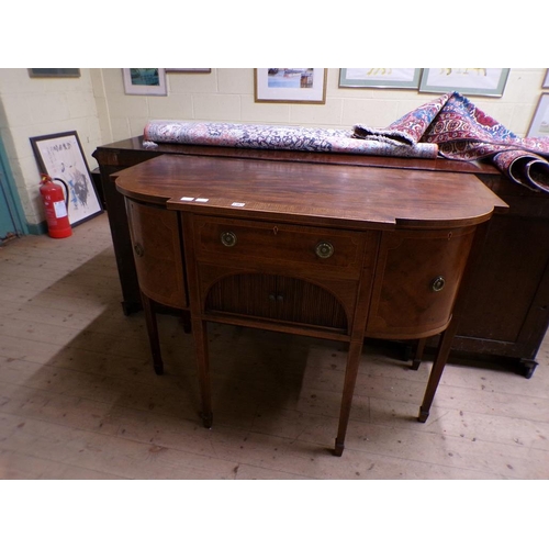 1967 - 19c MAHOGANY CROSS BANDED BOW FRONT SIDEBOARD HAVING SIDE CUPBOARDS, CENTRAL DRAWER OVER ENCLOSED CU... 