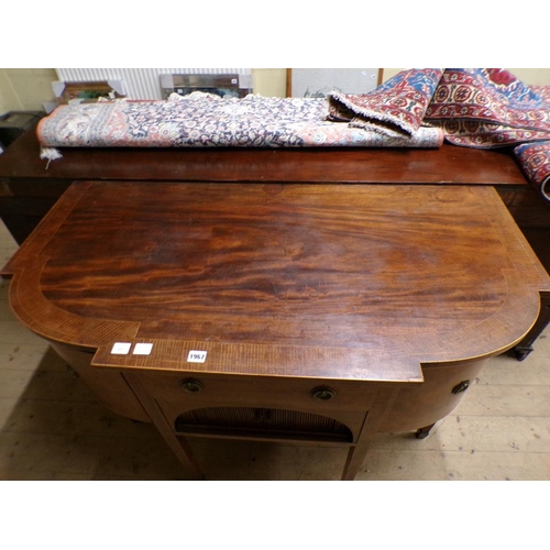 1967 - 19c MAHOGANY CROSS BANDED BOW FRONT SIDEBOARD HAVING SIDE CUPBOARDS, CENTRAL DRAWER OVER ENCLOSED CU... 