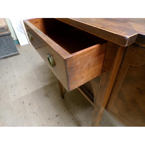 1967 - 19c MAHOGANY CROSS BANDED BOW FRONT SIDEBOARD HAVING SIDE CUPBOARDS, CENTRAL DRAWER OVER ENCLOSED CU... 