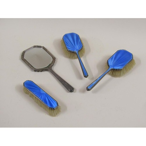 1758A - FOUR PIECE SILVER BLUE ENAMEL DRESSING TABLE SET A/F