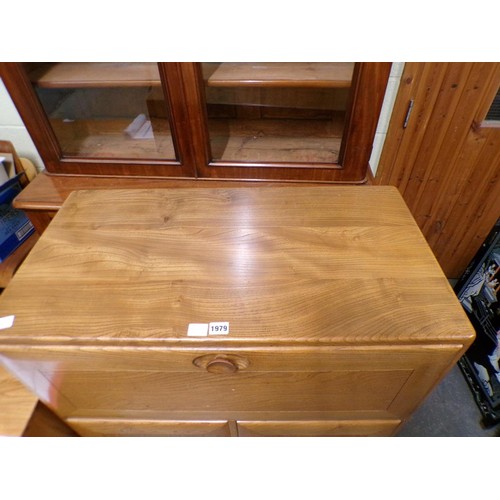 1979 - ERCOL SECRETAIRE CABINET WITH FALL FRONT OVER CUPBOARD AND ONE LONG BASE DRAWER 82 x 110cms